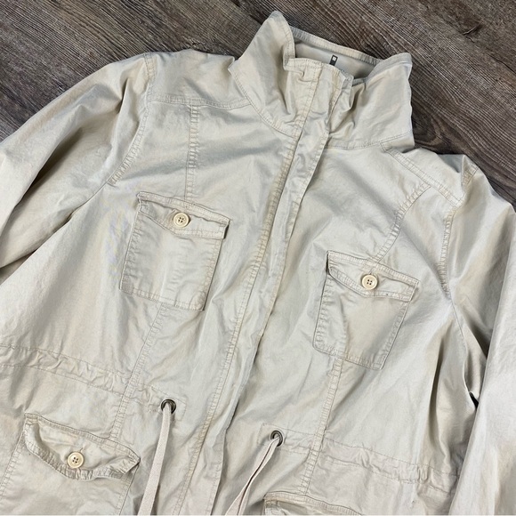 Avenue Jacket Women 26 Beige Full Zip Mock Neck Drawstring Waist Pockets Button - Picture 2 of 9